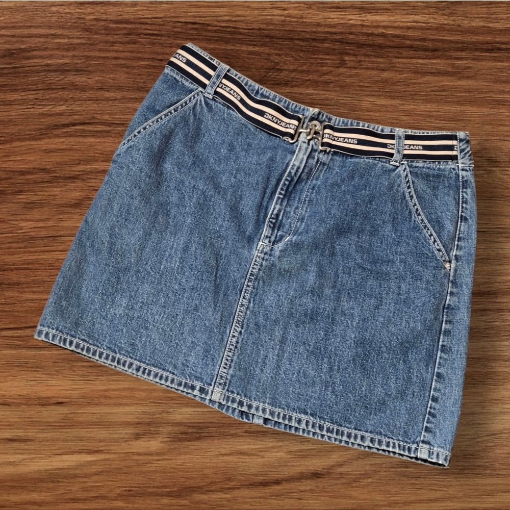 DKNY Denim Skirt with Striped Logo Attached Belt